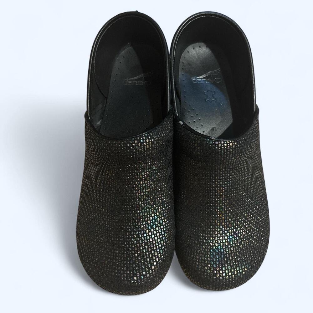 Dansko Black and silverr rainbow hologram-like sparkly clogs